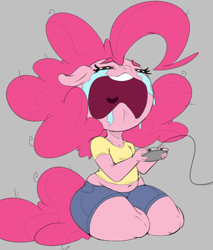 Size: 500x586 | Tagged: safe, artist:purple-yoshi-draws, character:pinkie pie, species:anthro, chubby, controller, crying, female, solo