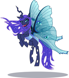 Size: 2000x2275 | Tagged: safe, artist:phucknuckl, character:nightmare moon, character:princess luna, character:queen chrysalis, species:changeling, species:mothpony, changeling queen, changelingified, female, inkscape, luna moth, moth, open mouth, original species, simple background, solo, species swap, tongue out, transparent background, vector