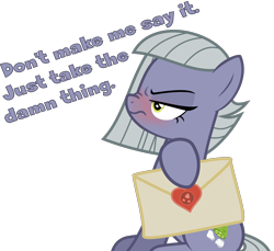 Size: 1500x1373 | Tagged: safe, artist:phucknuckl, character:limestone pie, species:earth pony, species:pony, blushing, dialogue, envelope, female, holiday, limetsun pie, nose wrinkle, simple background, solo, transparent background, tsundere, valentine's day