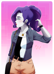 Size: 600x809 | Tagged: safe, artist:fj-c, character:rarity, my little pony:equestria girls, alternate hairstyle, clothing, female, jacket, lipstick, shirt, shorts, solo