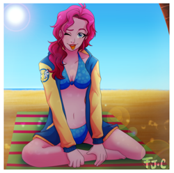 Size: 800x793 | Tagged: safe, artist:fj-c, character:pinkie pie, species:human, my little pony:equestria girls, beach, belly button, bikini, breasts, clothing, crossed legs, female, jacket, looking at you, one eye closed, open clothes, sitting, smiling, solo, sun, swimsuit, tongue out, wink