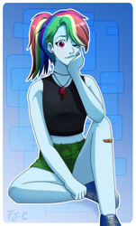 Size: 600x993 | Tagged: safe, artist:fj-c, character:rainbow dash, my little pony:equestria girls, clothing, female, looking at you, midriff, one eye closed, shorts, sitting, smiling, solo, tank top, wink