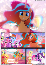 Size: 3500x4950 | Tagged: safe, artist:light262, artist:lummh, character:applejack, character:discord, character:fluttershy, character:pinkie pie, character:rainbow dash, character:rarity, character:twilight sparkle, character:twilight sparkle (alicorn), oc, oc:princess tempora, species:alicorn, species:pony, comic:timey wimey, alicorn oc, comic, cute, dialogue, friendship, mane six, ocbetes, rainbow power, smiling, speech bubble, when she smiles