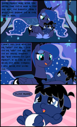 Size: 5598x9192 | Tagged: safe, artist:evilfrenzy, character:princess luna, oc, oc:frenzy, species:alicorn, species:pony, absurd resolution, age regression, baby, baby pony, broken english, colt, comforting, conic:night terror, crib, crying, cute, diaper, female, foal, fruna, male, maternaluna, motherly, pacifier