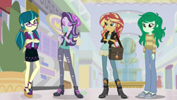 Size: 1280x720 | Tagged: safe, artist:3d4d, artist:lifes-remedy, artist:punzil504, edit, edited screencap, screencap, character:juniper montage, character:starlight glimmer, character:sunset shimmer, character:wallflower blush, equestria girls:forgotten friendship, equestria girls:mirror magic, g4, my little pony: equestria girls, my little pony:equestria girls, spoiler:eqg specials, beanie, clothing, counterparts, food, freckles, geode of empathy, glasses, hat, ice cream, jacket, leather jacket, mall, pants, shoulder bag, sweater, twilight's counterparts