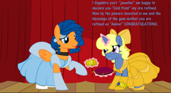 Size: 11000x6000 | Tagged: safe, artist:evilfrenzy, oc, oc:azure/sapphire, oc:cold front, species:pegasus, species:pony, species:unicorn, absurd resolution, belle, bow, cinderella, clothing, crossdressing, curtains, dialogue, dress, ear piercing, earring, eyelashes, gem, high heels, hoofband, jewelry, levitation, magic, makeup, piercing, pillow, shoes, smiling, telekinesis, text, wig