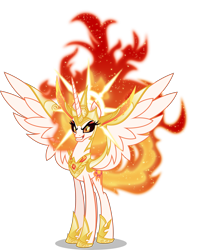 Size: 6000x6996 | Tagged: safe, artist:orin331, character:daybreaker, character:nightmare star, character:princess celestia, species:alicorn, species:pony, absurd resolution, armor, dragon ball super, enterplay, female, fusion, mane of fire, merchandise, merged daybreaker, merged zamasu, phoenix amulet, simple background, smiling, solo, the inferno has been doubled, this will end in fire, trading card game, transparent background, two flaming sunponies, zamasu