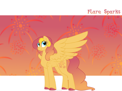 Size: 1600x1200 | Tagged: safe, artist:faith-wolff, oc, oc only, oc:flare sparks, parent:flash sentry, parent:sunset shimmer, parents:flashimmer, species:pegasus, species:pony, faithverse, biography, cloven hooves, colored hooves, cutie mark background, female, happy, mare, next generation, offspring, signature, smiling, solo, tail feathers