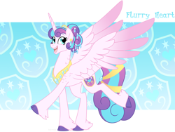 Size: 1600x1200 | Tagged: safe, artist:faith-wolff, character:princess flurry heart, species:alicorn, species:pony, faithverse, cloven hooves, colored hooves, colored wings, colored wingtips, cutie mark background, ear piercing, earring, female, gradient wings, hair up, jewelry, mare, necklace, older, older flurry heart, peytral, piercing, solo, spread wings, tiara, unshorn fetlocks, wings