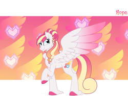 Size: 1600x1200 | Tagged: safe, artist:faith-wolff, oc, oc only, oc:mi querida esperanza, parent:princess cadance, parent:shining armor, parents:shiningcadance, species:pegasus, species:pony, faithverse, braid, colored hooves, colored wings, colored wingtips, cutie mark background, female, gradient wings, mare, next generation, offspring, raised hoof, reference sheet, solo, unshorn fetlocks