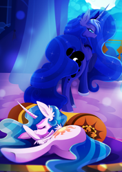 Size: 3508x4961 | Tagged: safe, artist:rariedash, character:princess celestia, character:princess luna, species:alicorn, species:pony, carpet, curved horn, duo, female, horn, looking back, mare, moon, moonlight, night, pillow, royal sisters, sleeping, strategically covered, wings