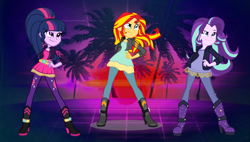 Size: 1904x1078 | Tagged: safe, artist:3d4d, artist:limedazzle, artist:mixiepie, artist:seahawk270, character:starlight glimmer, character:sunset shimmer, character:twilight sparkle, my little pony:equestria girls, alternate hairstyle, alternate universe, charlie's angels, clothing, counterparts, crossover, jacket, leather jacket, pants, twilight's counterparts