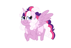 Size: 1500x1000 | Tagged: safe, artist:faith-wolff, oc, oc only, parent:pinkie pie, parent:twilight sparkle, parents:twinkie, species:alicorn, species:pony, alicorn oc, chubby, commission, female, flying, magical lesbian spawn, mare, offspring, piebald colouring, simple background, solo, white background