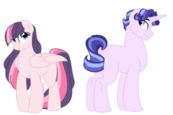 Size: 1500x1000 | Tagged: safe, artist:faith-wolff, oc, oc only, parent:fluttershy, parent:rarity, parent:starlight glimmer, parent:twilight sparkle, parents:twishy, species:pegasus, species:pony, species:unicorn, commission, duo, female, magical lesbian spawn, male, mare, offspring, simple background, stallion, white background