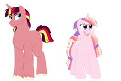 Size: 1500x1000 | Tagged: safe, artist:faith-wolff, oc, oc only, parent:applejack, parent:sunset shimmer, parent:twilight sparkle, parents:sunsetsparkle, parents:twijack, species:pony, species:unicorn, bandana, commission, duo, female, hair tie, half-siblings, magical lesbian spawn, male, mare, offspring, simple background, stallion, white background