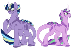 Size: 1500x1000 | Tagged: safe, artist:faith-wolff, oc, oc only, parent:spike, parent:starlight glimmer, parent:twilight sparkle, parents:sparlight, parents:twispike, species:dracony, species:pony, commission, duo, glasses, half-siblings, hybrid, interspecies offspring, male, offspring, raised hoof, scales, simple background, stallion, unshorn fetlocks, white background