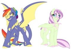 Size: 1500x1000 | Tagged: safe, artist:faith-wolff, oc, oc only, parent:fluttershy, parent:rainbow dash, parent:spike, parents:flutterspike, parents:rainbowspike, species:dracony, species:pony, colored claws, colored hooves, commission, duo, female, half-siblings, hybrid, male, mare, offspring, rainbow hair, scales, simple background, spread wings, stallion, unshorn fetlocks, white background, wing claws, wings