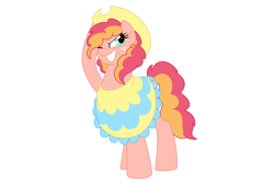 Size: 1500x1000 | Tagged: safe, artist:faith-wolff, oc, oc only, parent:applejack, parent:pinkie pie, parents:applepie, species:earth pony, species:pony, clothing, commission, cowboy hat, female, hat, magical lesbian spawn, mare, offspring, one eye closed, poncho, simple background, solo, white background