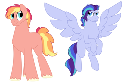 Size: 1500x1000 | Tagged: safe, artist:faith-wolff, oc, oc only, parent:pinkie pie, parent:rainbow dash, parent:starlight glimmer, parent:sunset shimmer, parents:glimmerdash, parents:sunsetpie, species:earth pony, species:pegasus, species:pony, commission, duo, flying, magical lesbian spawn, male, offspring, simple background, spread wings, stallion, white background, wings