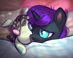 Size: 1327x1060 | Tagged: safe, artist:imalou, character:smarty pants, oc, oc:nyx, species:alicorn, species:pony, g4, bed, blanket, bust, cute, drawthread, female, filly, nyxabetes, ocbetes, pillow, plushie, slit eyes, solo