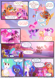 Size: 3500x4950 | Tagged: safe, artist:light262, artist:lummh, character:applejack, character:discord, character:fluttershy, character:pinkie pie, character:princess celestia, character:princess luna, character:rainbow dash, character:rarity, character:twilight sparkle, character:twilight sparkle (alicorn), oc, oc:princess tempora, species:alicorn, species:draconequus, species:earth pony, species:pegasus, species:pony, comic:timey wimey, alicorn oc, cloud, comic, dialogue, female, glowing horn, magic, mane six, mare, royal sisters, smiling, speech bubble
