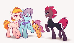 Size: 1796x1034 | Tagged: safe, artist:imalou, character:aunt holiday, character:auntie lofty, character:scootaloo, character:tempest shadow, species:earth pony, species:pegasus, species:pony, species:unicorn, ship:lofty day, my little pony: the movie (2017), :t, artist interpretation, broken horn, clothing, couple, cute, cutealoo, drawthread, excited, eye contact, female, filly, grin, happy, jewelry, lesbian, lgbt, lidded eyes, looking at each other, looking up, mare, neckerchief, necklace, no armor, plot, pronking, raised hoof, raised leg, scarf, shipping, simple background, smiling, underhoof, walking, white background