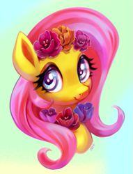 Size: 679x889 | Tagged: safe, artist:sorcerushorserus, character:fluttershy, species:pegasus, species:pony, bust, cute, female, floral necklace, flower, flower in hair, gradient background, looking at you, looking up, mare, portrait, shyabetes, simple background, smiling, solo, three quarter view