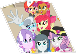 Size: 8871x6354 | Tagged: safe, artist:punzil504, character:apple bloom, character:babs seed, character:diamond tiara, character:gabby, character:scootaloo, character:silver spoon, character:sweetie belle, species:pegasus, species:pony, equestria girls:forgotten friendship, g4, my little pony: equestria girls, my little pony:equestria girls, absurd resolution, clothing, cutie mark, cutie mark crusaders, equestria girls-ified, glasses, happy, hat, photo, simple background, smiling, the cmc's cutie marks, transparent background
