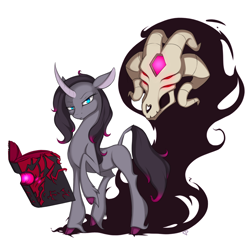 Size: 2100x2100 | Tagged: safe, artist:theparagon, community related, character:fhtng th§ ¿nsp§kbl, character:oleander, species:classical unicorn, them's fightin' herds, book, cloven hooves, colored hooves, curved horn, demon, looking at you, raised hoof, simple background, unshorn fetlocks, white background