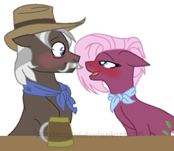 Size: 526x459 | Tagged: safe, artist:ipandacakes, base used, character:burnt oak, character:jasmine leaf, species:earth pony, species:pony, g4, blushing, burntleaf, cider, clothing, crack shipping, female, hat, male, mare, mug, shipping, simple background, stallion, straight, tankard, transparent background