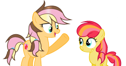 Size: 1416x744 | Tagged: safe, artist:thesmall-artist, oc, oc only, oc:apple flower, oc:apple shine, parent:apple bloom, parent:applejack, parent:caramel, parent:tender taps, parents:carajack, parents:tenderbloom, species:earth pony, species:pony, cousins, female, filly, mare, offspring, simple background, transparent background