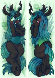 Size: 540x756 | Tagged: safe, artist:ruef, character:queen chrysalis, species:changeling, blushing, body pillow, body pillow design, changeling queen, embarrassed, female, fluffy changeling, solo, tail between legs, tsundere