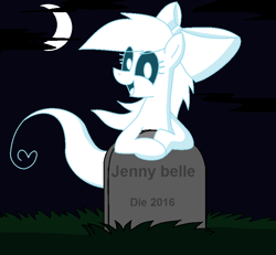 Size: 854x788 | Tagged: safe, artist:pencil bolt, oc, oc only, oc:jenny belle, species:pony, black, female, ghost, ghost pony, graves, gravestone, knot, moon, smiling, spirit, theponyfuture