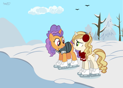 Size: 4763x3393 | Tagged: safe, artist:ironm17, character:pretzel twist, character:sweet biscuit, species:pony, species:unicorn, clothing, earmuffs, ice skating, jacket, scarf, short-sleeved jacket, snow, winter, winter outfit