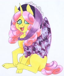 Size: 3630x4337 | Tagged: safe, artist:frozensoulpony, oc, oc:aurora north, parent:fluttershy, parent:princess luna, parents:lunashy, species:alicorn, species:pony, female, filly, high res, offspring, solo, traditional art