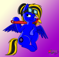 Size: 1104x1060 | Tagged: safe, artist:pencil bolt, oc, oc only, oc:mos, species:pegasus, species:pony, blue eyes, engineer, goggles, male, smiling, wrench