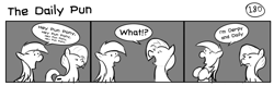 Size: 1280x404 | Tagged: safe, artist:tetrapony, character:derpy hooves, oc, oc:pun, species:pegasus, species:pony, comic:the daily derp, comic, duo, female, mare, monochrome, the daily pun