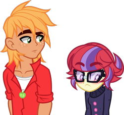 Size: 5000x4644 | Tagged: safe, artist:orin331, character:big mcintosh, character:moondancer, dancerverse, my little pony:equestria girls, absurd resolution, alternate universe, blushing, breasts, clothing, equestria girls-ified, glasses, looking away, macdancer, simple background, sweater, transparent background