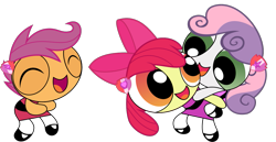 Size: 1281x661 | Tagged: safe, artist:phucknuckl, character:apple bloom, character:scootaloo, character:sweetie belle, species:pegasus, species:pony, cutie mark crusaders, powerpuffified, simple background, the powerpuff girls, transparent background