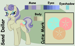 Size: 1024x630 | Tagged: safe, artist:ipandacakes, oc, oc:sand dollar, parent:jet set, parent:upper crust, parents:upperset, species:pony, species:unicorn, female, mare, offspring, reference sheet, solo
