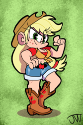 Size: 1470x2205 | Tagged: safe, artist:joeywaggoner, character:applejack, species:human, applejack's hat, boots, breasts, busty applejack, cleavage, clothing, cowboy hat, female, front knot midriff, hat, humanized, midriff, shirt, shoes, shorts, solo