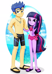 Size: 1600x2263 | Tagged: safe, artist:jucamovi1992, character:flash sentry, character:twilight sparkle, ship:flashlight, my little pony:equestria girls, belly, belly button, bikini, clothing, feet, female, flip-flops, male, midriff, nipples, nudity, partial nudity, sandals, shipping, smiling, straight, swimming trunks, swimsuit, topless