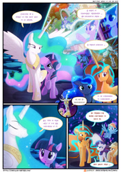 Size: 3500x4950 | Tagged: safe, artist:light262, artist:lummh, character:applejack, character:discord, character:fluttershy, character:princess celestia, character:princess luna, character:rainbow dash, character:rarity, character:twilight sparkle, character:twilight sparkle (alicorn), oc, oc:princess tempora, species:alicorn, species:draconequus, species:earth pony, species:pegasus, species:pony, species:unicorn, comic:timey wimey, alicorn oc, comic, dialogue, eyes closed, speech bubble