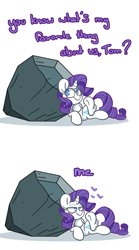 Size: 1500x2696 | Tagged: safe, artist:lou, character:rarity, character:tom, species:pony, species:unicorn, ship:raritom, cargo ship, element of generosity, greedity, heart, love, narcissism, rock, rockcon, shipping, simple background, white background