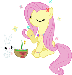 Size: 3904x4080 | Tagged: safe, artist:ironm17, character:angel bunny, character:fluttershy, species:pegasus, species:pony, basket, butterfly, cute, easter, easter basket, easter egg, eyes closed, holiday, shyabetes, simple background, sitting, transparent background, vector