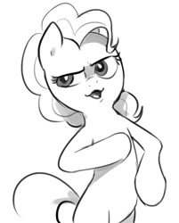 Size: 678x844 | Tagged: safe, artist:imalou, character:pinkie pie, species:earth pony, species:pony, 4chan, american psycho, check em, female, grayscale, mare, monochrome, patrick bateman, shitposting, simple background, solo, white background