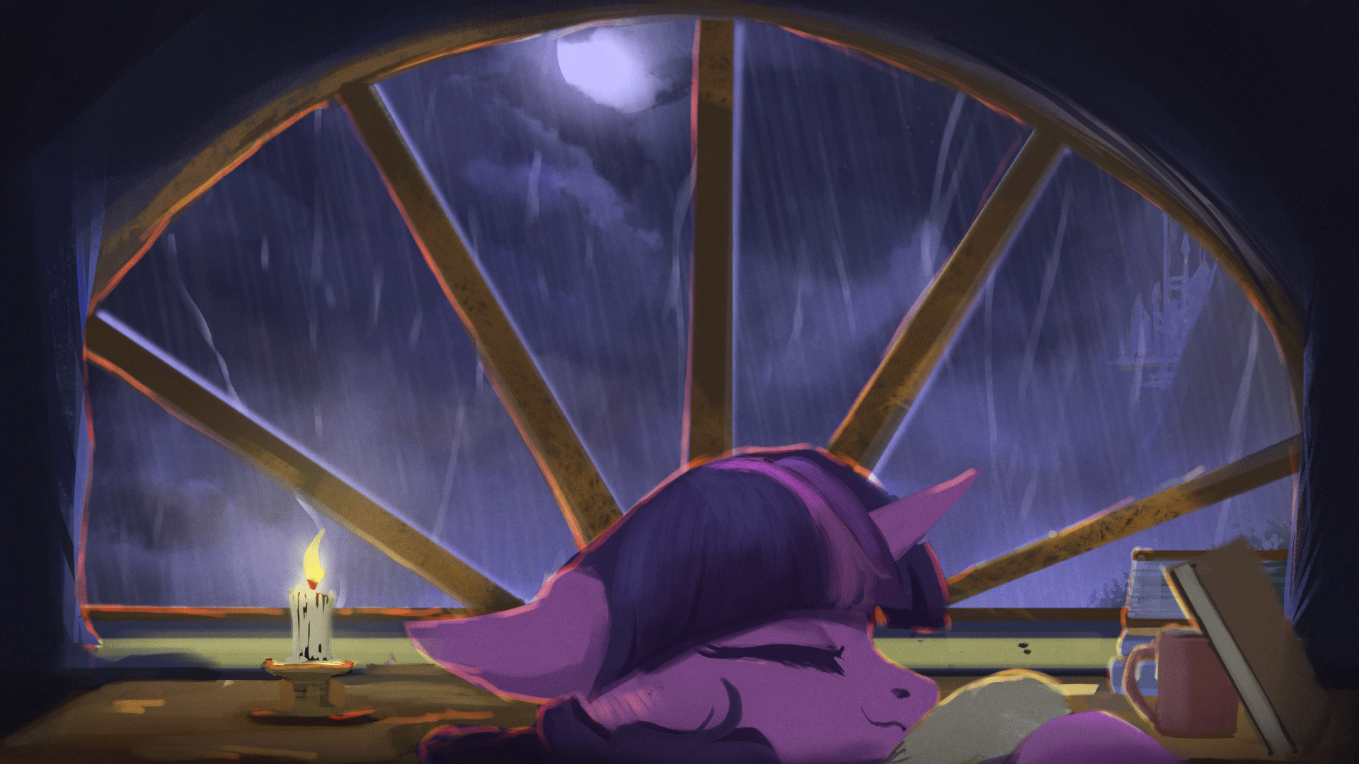 Size: 1920x1080 | Tagged: safe, alternate version, artist:hierozaki, character:twilight sparkle, character:twilight sparkle (unicorn), species:pony, species:unicorn, animated, candle, canterlot, cinemagraph, cloud, cloudy, female, moon, night, rain, sleeping, smiling, solo, window