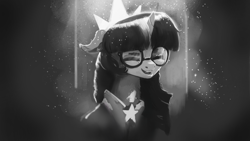 Size: 1920x1080 | Tagged: dead source, safe, artist:hierozaki, character:twilight sparkle, species:pony, adorkable, adorkable twilight, black and white, bust, crown, cute, dork, eyes closed, female, glasses, grayscale, jewelry, mare, monochrome, open mouth, portrait, regalia, smiling, solo