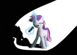 Size: 1024x725 | Tagged: safe, artist:sharpieboss, character:sweetie belle, g4, eyes closed, female, magic, microphone, shadow, simple background, singing, solo, spotlight, telekinesis