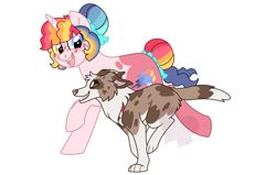 Size: 1260x800 | Tagged: safe, artist:faith-wolff, oc, oc only, ponysona, species:dog, species:pony, species:unicorn, commission, hair bun, heterochromia, multicolored hair, pet, piebald colouring, running, simple background, white background